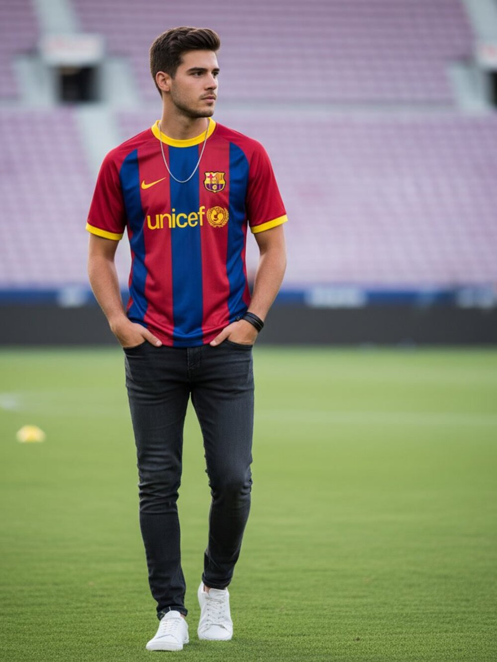 FC Barcelona Messi Soccer Jersey Unicef Red Blue Yellow Trim Fan Jersey